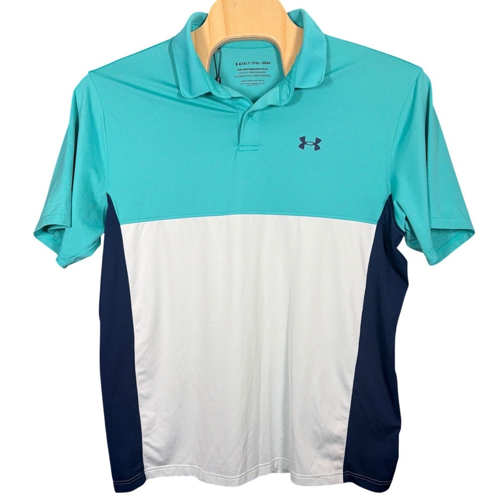 Under Armour Performance Polo Mens XXLT Teal White Navy Colorblock Golf Shirt